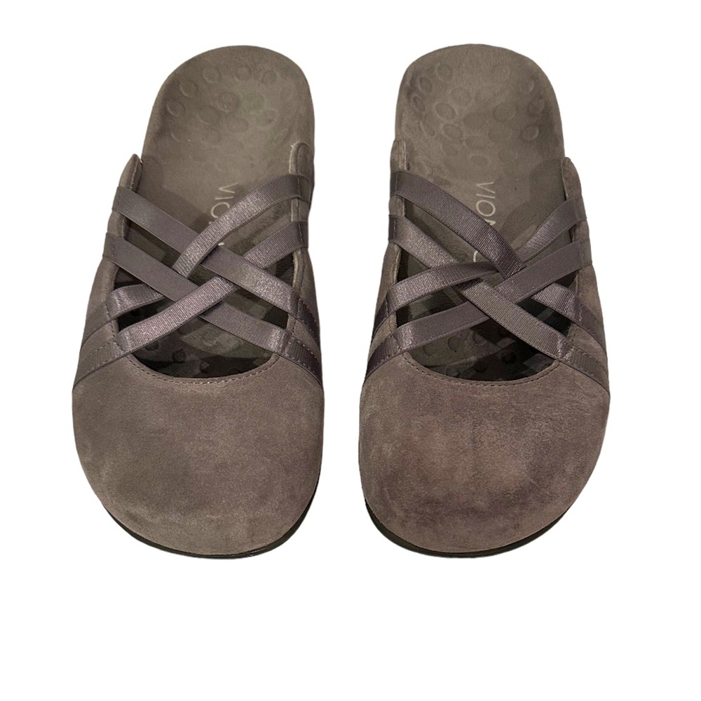 Vionic Women's Claire Gray Suede Leather Slip On Criss Cross Strap Mule Flat